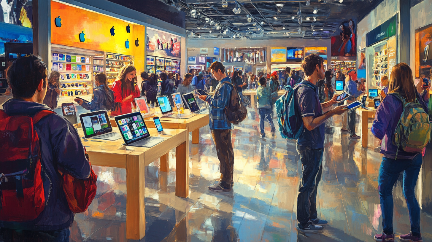 The image depicts a busy electronics store with several people browsing and interacting with various devices on display. The store has bright lighting and multiple tables showcasing laptops and tablets. The walls are lined with shelves containing various tech products. The scene is lively, with customers engaged in exploring the gadgets.