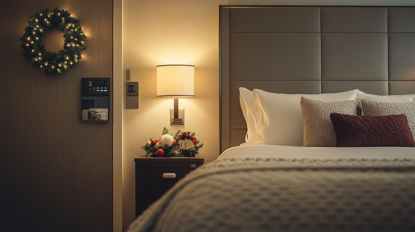 A cozy hotel room with a neatly made bed featuring white and textured pillows. A nightstand beside the bed holds a festive decoration with ornaments and greenery. A wall lamp provides warm lighting. On the wall, there is a Christmas wreath with lights, and a control panel is visible nearby.