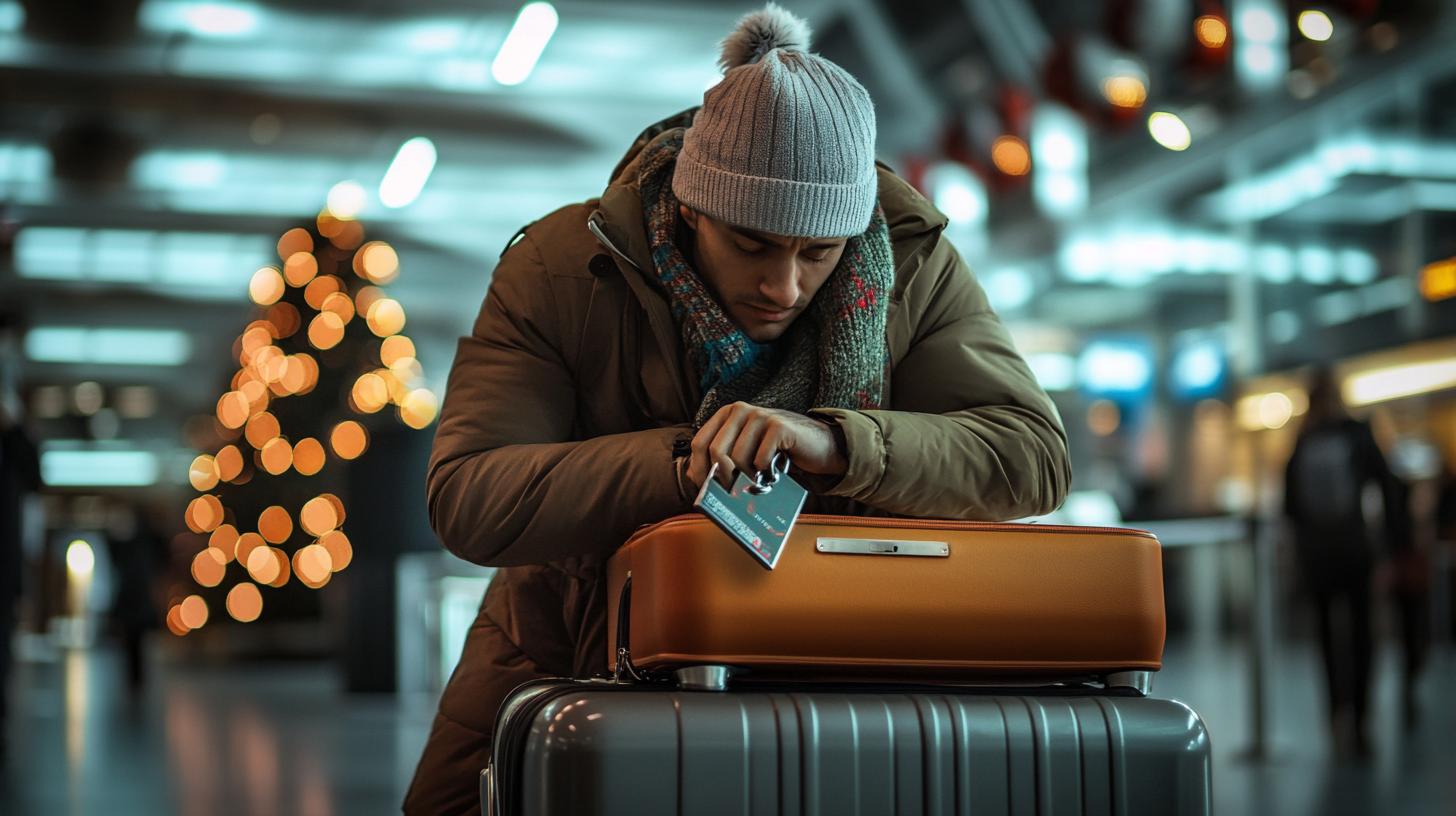 A person wearing a winter coat, scarf, and beanie is leaning on a suitcase in an airport. They are holding a boarding pass and looking down. In the background, there is a blurred view of a Christmas tree with lights.