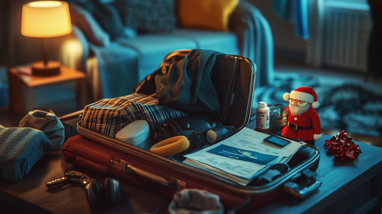 A cozy room with a suitcase on a table, partially packed with clothes, a camera, and travel documents. Nearby, a small Santa Claus figurine stands next to a bottle of pills and a red gift bow. A lamp softly illuminates the scene, with a couch and a blanket visible in the background.