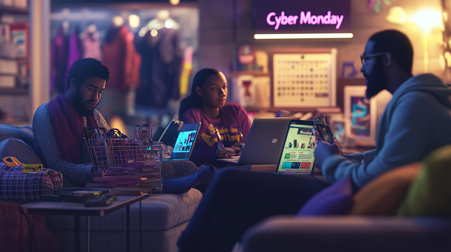 A group of three people is sitting in a cozy living room, engaged in online shopping on Cyber Monday. One person is using a laptop, another is holding a smartphone, and the third is looking at a tablet. A shopping basket filled with items is on the table. The room is warmly lit, and a neon sign reading "Cyber Monday" is visible in the background.