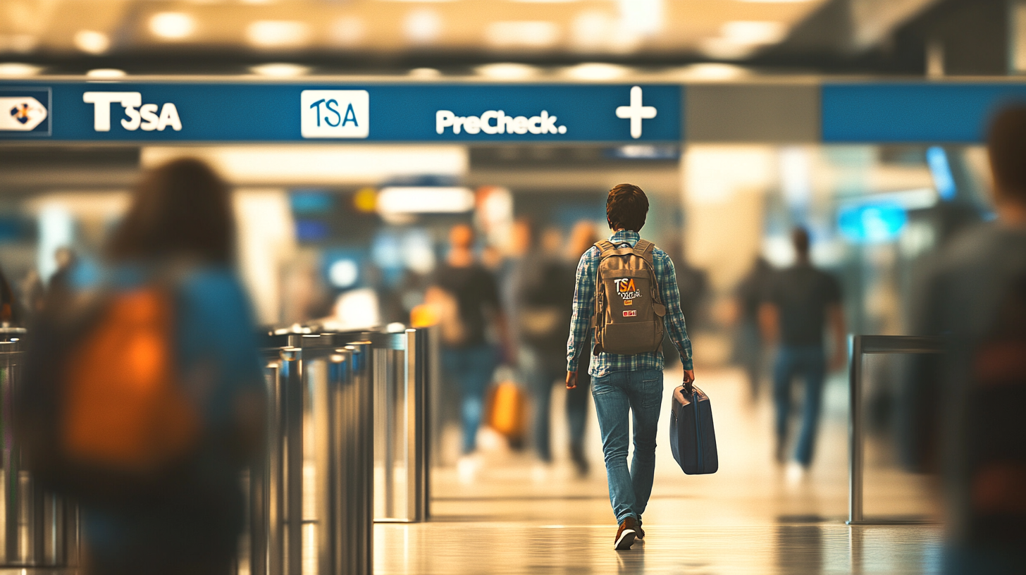 A person is walking through an airport security checkpoint area. They are wearing a backpack and carrying a suitcase. Overhead signs indicate TSA PreCheck lanes. The background is slightly blurred, showing other travelers and airport activity.