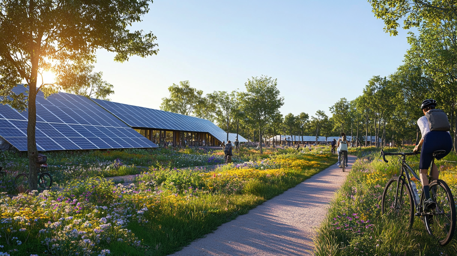 The image shows a scenic landscape with solar panels on the left, surrounded by a field of wildflowers. A paved path runs through the scene, with several people riding bicycles. Trees line the path, and the sun is shining brightly, creating a serene and eco-friendly atmosphere.