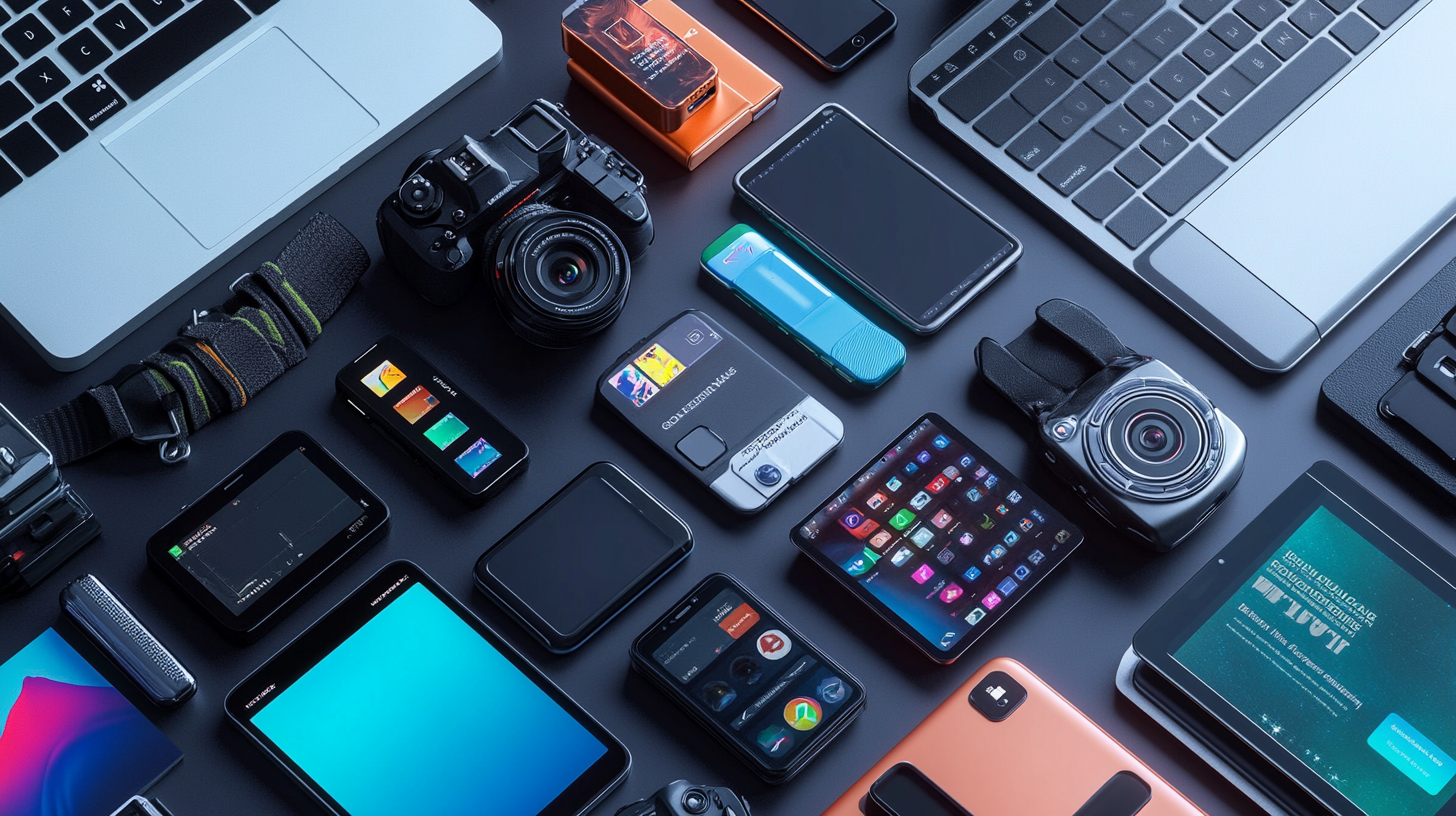 The image shows a collection of various electronic devices arranged on a flat surface. These include laptops, smartphones, cameras, tablets, and other gadgets. The devices are neatly organized, showcasing a variety of designs and screen displays.