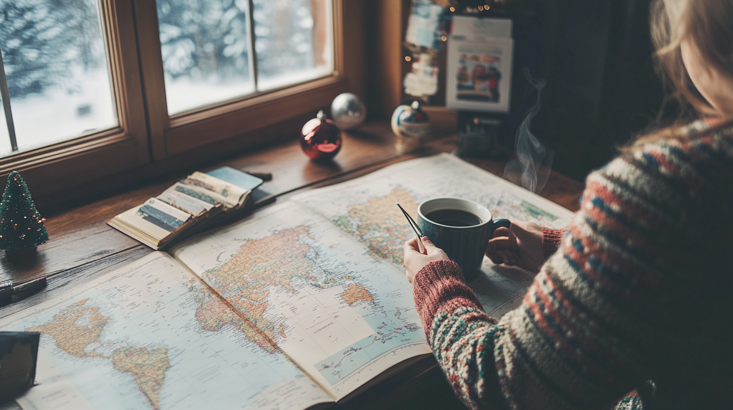 A person wearing a striped sweater is sitting at a wooden table by a window, holding a steaming cup of coffee. A large world map is spread out on the table, and there are several postcards or photographs nearby. The window shows a snowy scene outside, and there are Christmas ornaments and a small decorative tree on the windowsill.