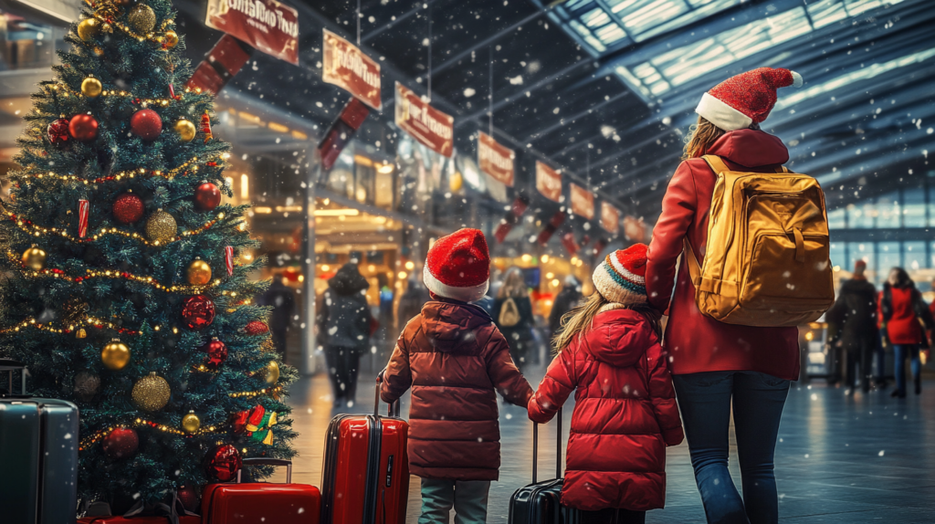 A festive scene in a train station with a decorated Christmas tree on the left, adorned with red and gold ornaments and lights. Snow is gently falling. On the right, a woman and two children, all wearing red coats and Santa hats, are seen from behind. They are holding suitcases and appear to be traveling. The station is bustling with people and decorated with holiday banners.