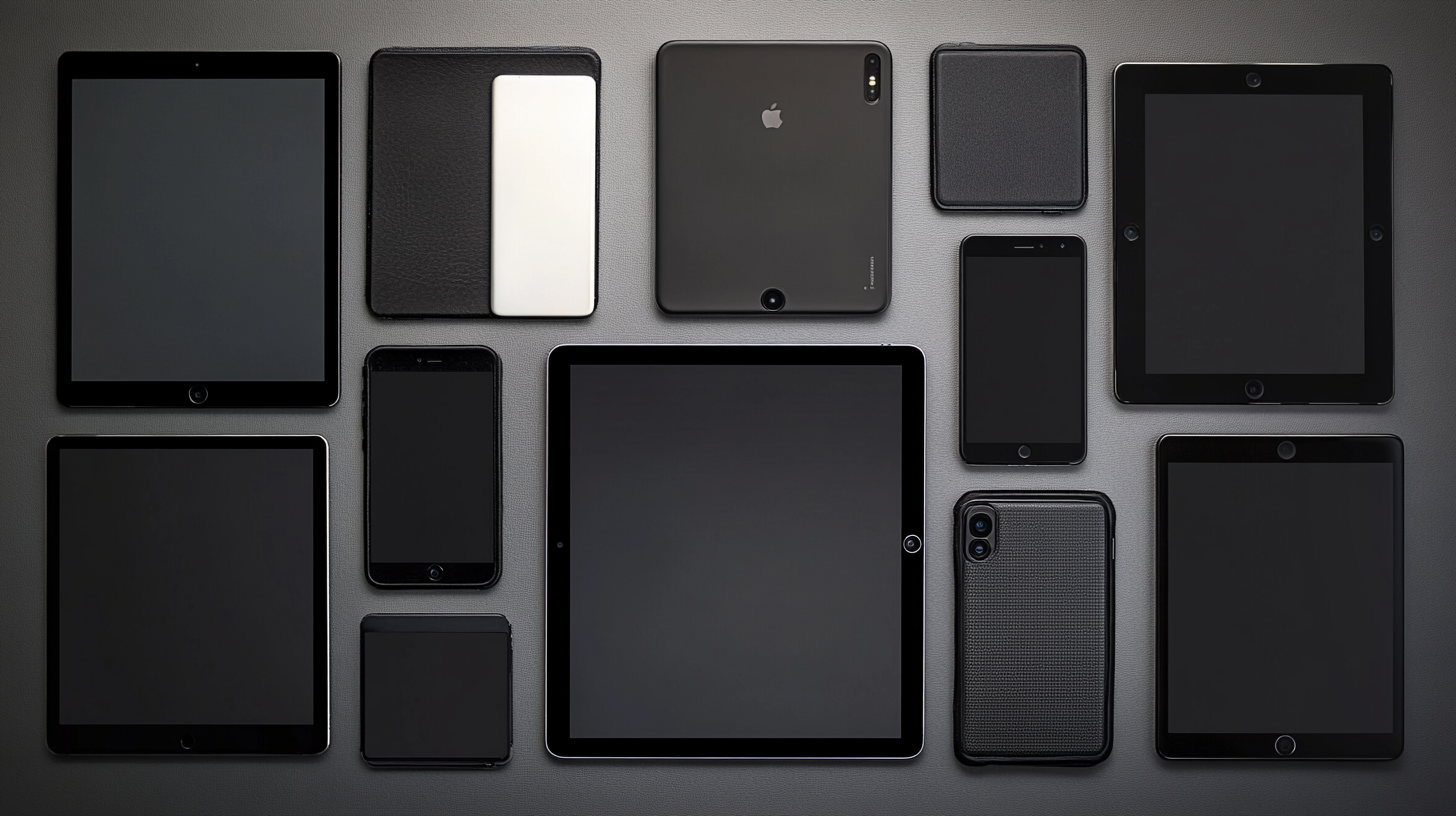 The image shows a collection of various black electronic devices, including tablets and smartphones, arranged neatly on a dark surface. The devices vary in size and shape, with some displaying the back side and others showing the screen side.