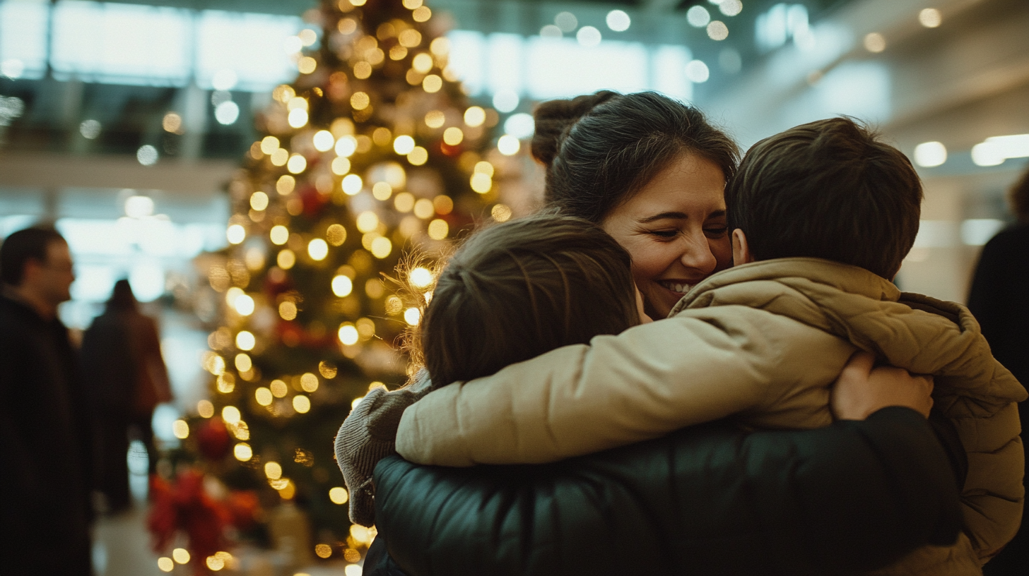 A woman is joyfully hugging two children in front of a beautifully decorated Christmas tree with glowing lights. The background is softly blurred, showing a festive indoor setting with other people in the distance.