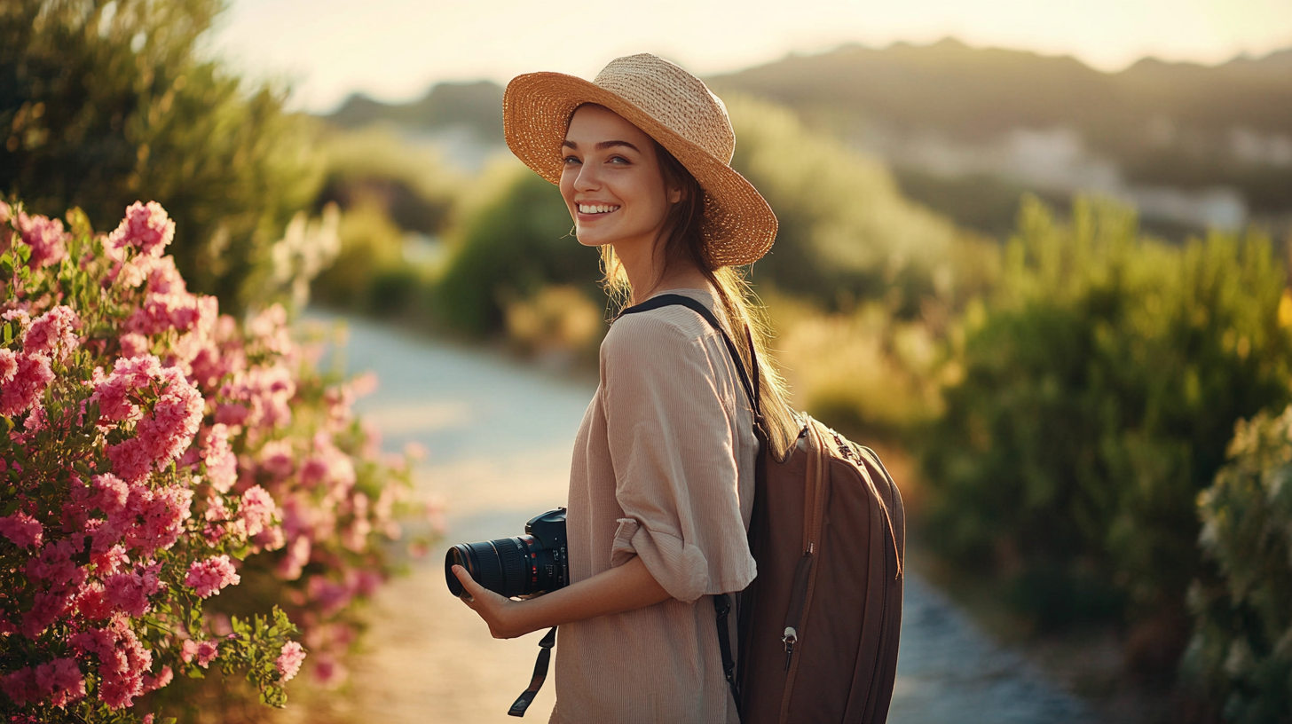 A woman is walking along a path surrounded by greenery and pink flowers. She is smiling, wearing a straw hat, and carrying a camera and a backpack. The scene is bathed in warm, golden sunlight.