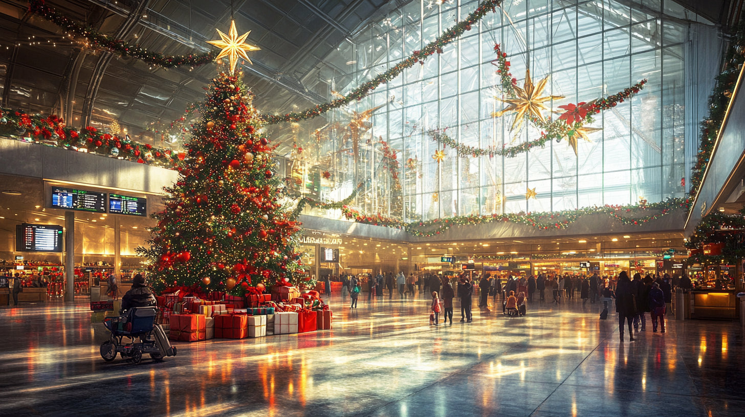 The image shows a bustling airport terminal decorated for the holiday season. A large Christmas tree adorned with red and gold ornaments and a star on top stands prominently in the foreground, surrounded by wrapped gifts. The terminal is filled with people, some carrying luggage, and festive garlands and stars hang from the ceiling. Sunlight streams through the large windows, casting reflections on the shiny floor.