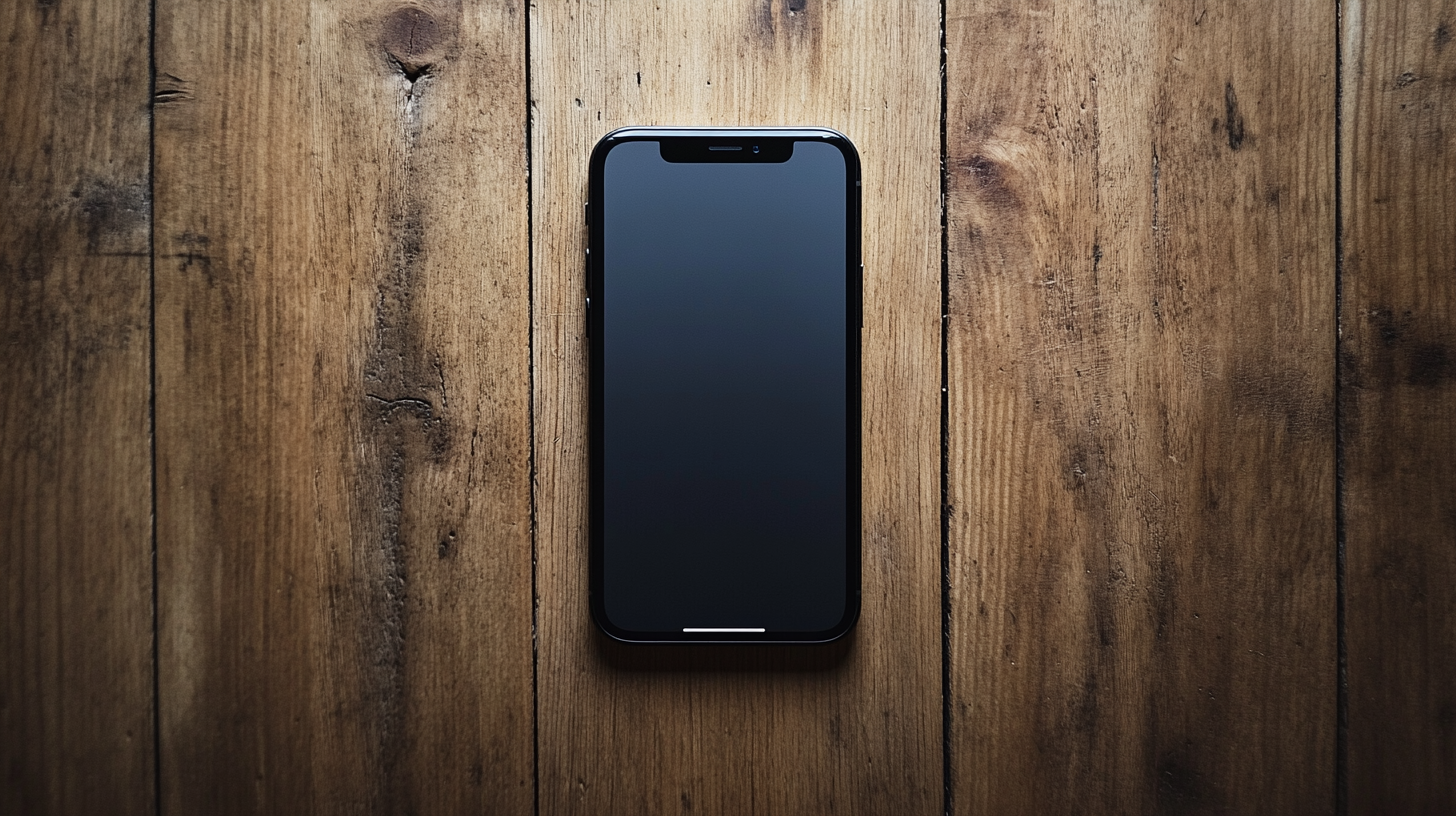 A smartphone with a black screen is placed on a wooden surface. The phone is centered in the image, and the wood has a natural, rustic appearance with visible grain and knots.