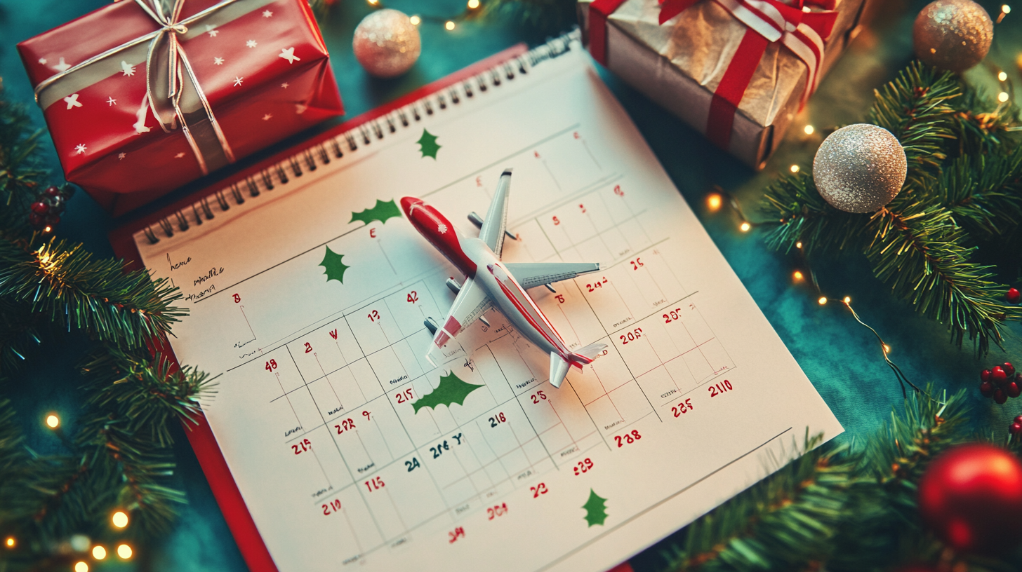 The image shows a festive scene with a calendar, a small toy airplane placed on top of it, and Christmas decorations. The calendar is open to December, with holly illustrations. Surrounding the calendar are wrapped gifts with red and gold wrapping paper, pine branches, and Christmas ornaments, including baubles and string lights. The setting suggests holiday travel planning.