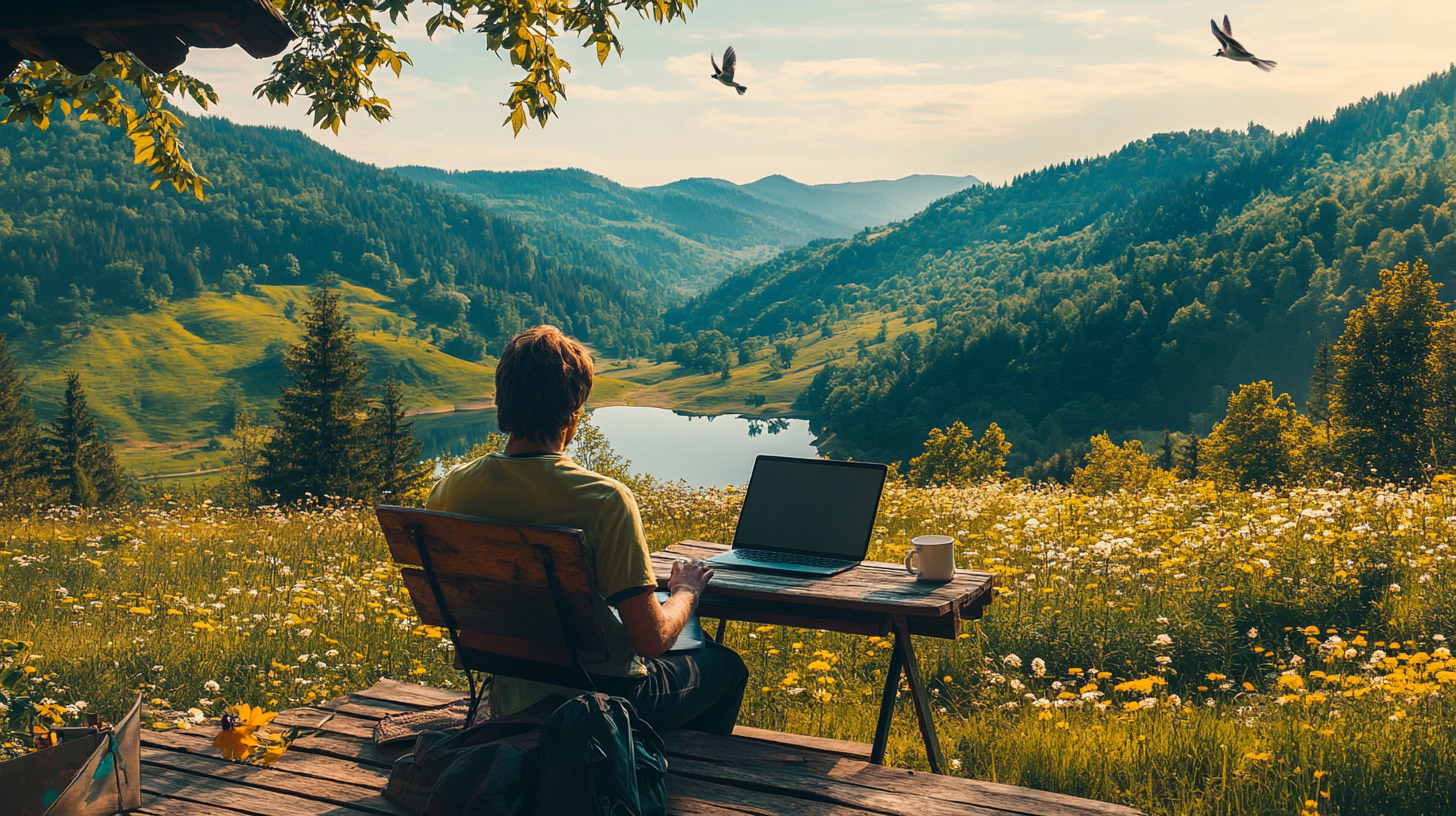 A person is sitting at a wooden desk with a laptop and a mug, overlooking a scenic view of a lush green valley with a lake and forested hills. The foreground is filled with wildflowers, and birds are flying in the sky. The scene is peaceful and picturesque, suggesting a remote work setting in nature.