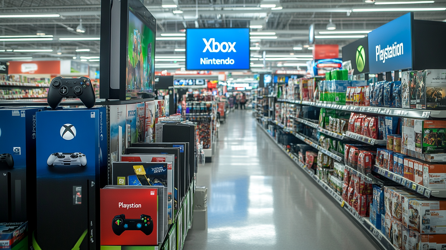 The image shows an aisle in a retail store, featuring sections for video game consoles and accessories. On the left, there are displays for Xbox and PlayStation, with boxes and controllers visible. Overhead signs indicate sections for Xbox, Nintendo, and PlayStation. Shelves on the right are stocked with various products, possibly including games and related merchandise. The store is well-lit, and the aisle extends into the distance.