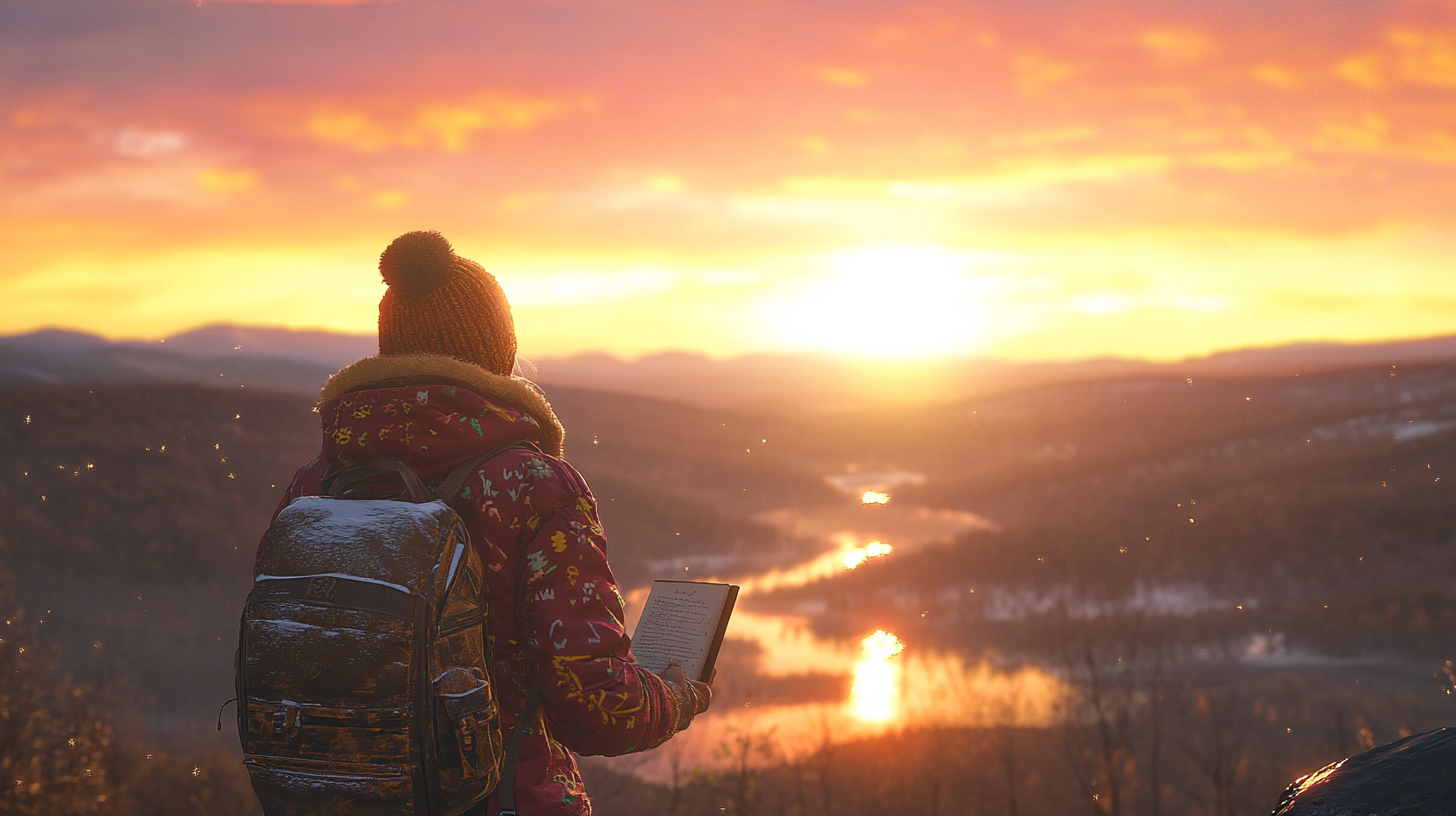 A person wearing a colorful jacket and a knitted hat stands on a hilltop, holding an open book. They have a backpack on and are looking at a scenic sunset over a river and forested landscape. The sky is filled with warm hues of orange and pink, and the sun is low on the horizon. Snowflakes are gently falling around them.