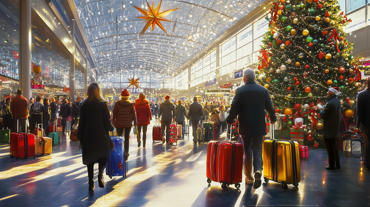 The image shows a busy airport terminal decorated for the holiday season. People are walking with suitcases, and there is a large Christmas tree adorned with colorful ornaments and lights. The ceiling is decorated with star-shaped lights, and the atmosphere is festive and bustling.