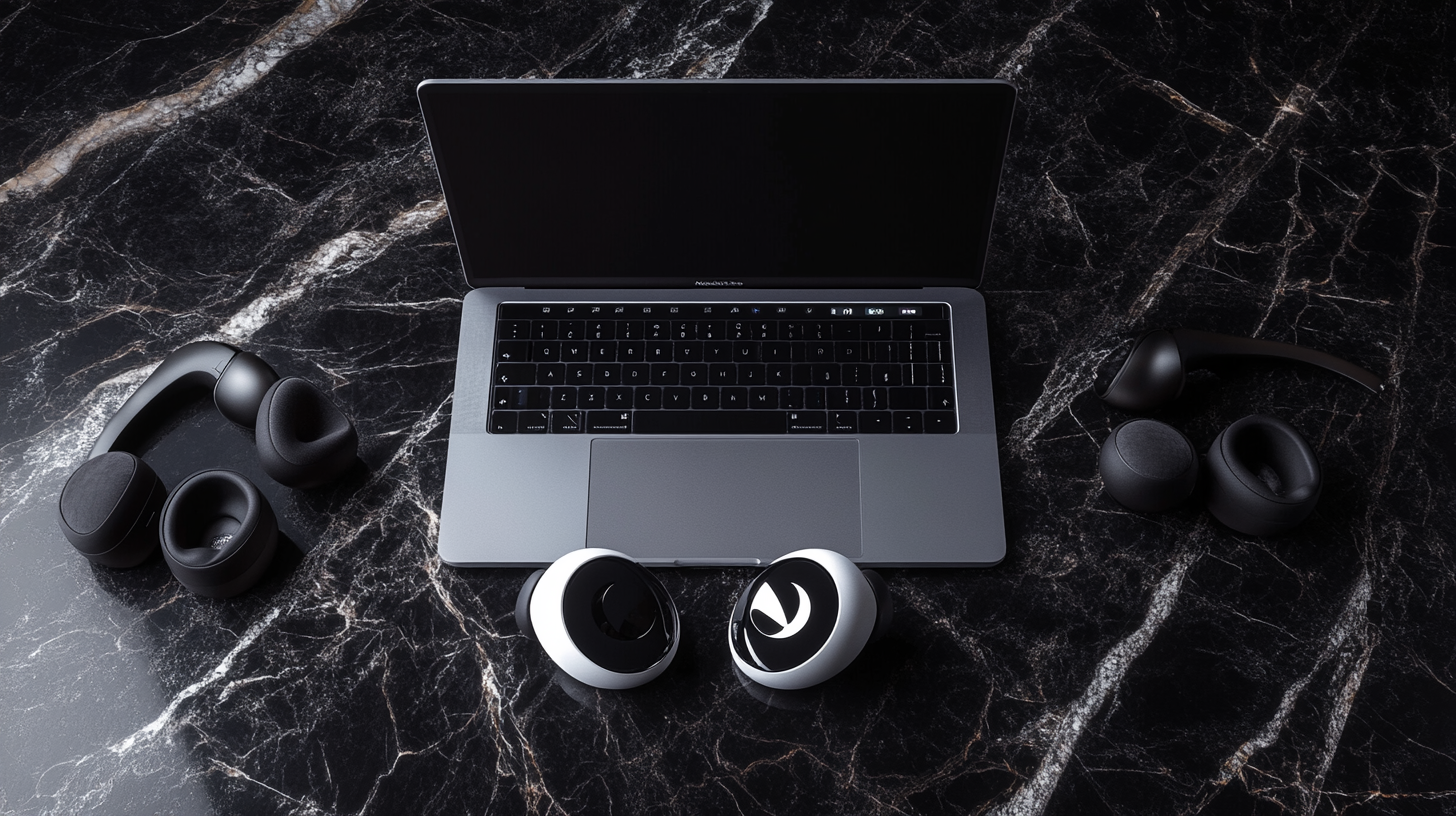 A laptop with a black keyboard is placed on a dark marble surface. Surrounding the laptop are two pairs of black headphones, one on each side. In front of the laptop, there are two round, black and white objects with a glossy finish.