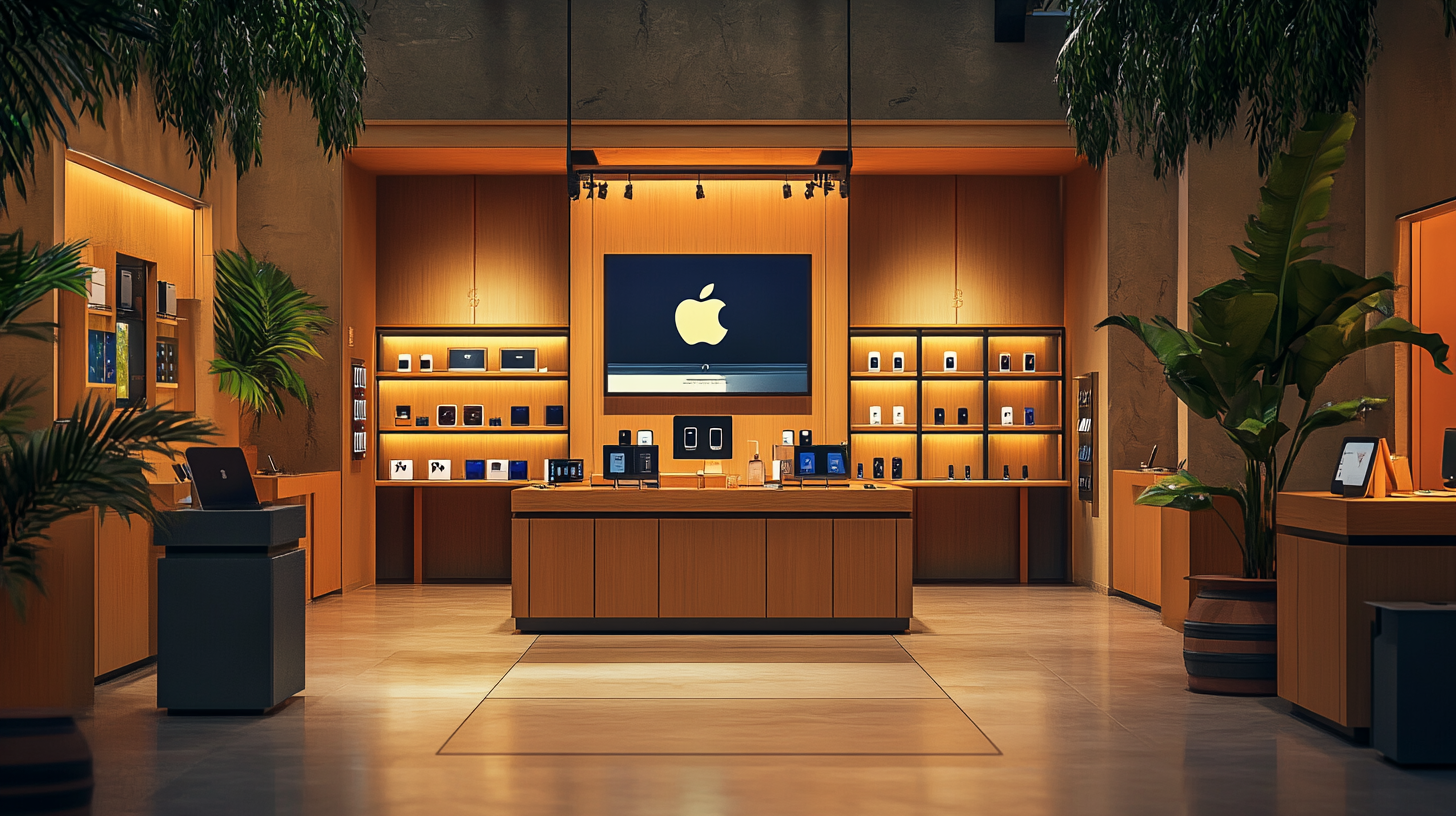 The image shows the interior of an Apple Store. The store features wooden displays and shelves showcasing various Apple products, including iPhones, iPads, and accessories. A large Apple logo is prominently displayed on a screen at the back. The store is well-lit, with potted plants adding a touch of greenery to the modern design.