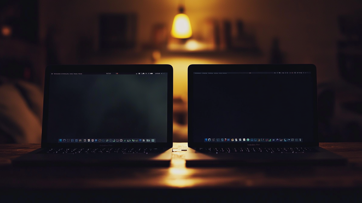 The image shows two open laptops placed side by side on a wooden table in a dimly lit room. The screens display dark interfaces with various icons along the bottom. In the background, there is a warm, softly glowing lamp and blurred shelves with books or objects.