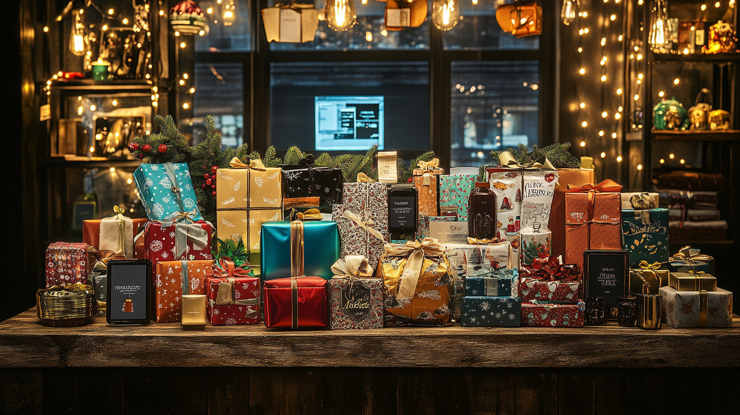 The image shows a festive display of various wrapped gifts on a wooden table. The presents are in different sizes and are wrapped in colorful paper with ribbons and bows. The background features shelves with decorative items and warm string lights, creating a cozy and festive atmosphere.