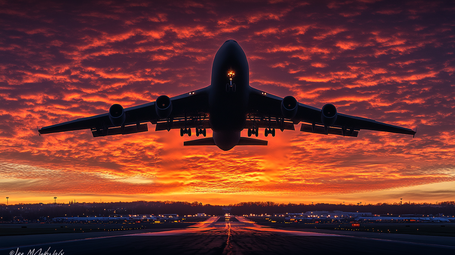 A large airplane is taking off against a dramatic sunset sky, with vibrant orange and red clouds. The silhouette of the aircraft is prominent, and the runway lights are visible below.