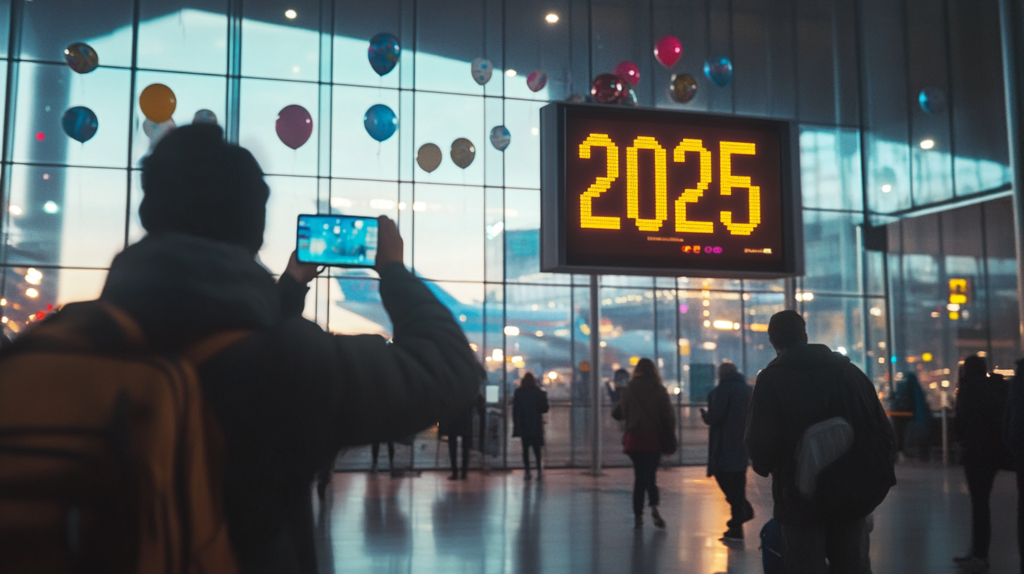 A person is taking a photo with a smartphone in an airport terminal. The focus is on a large digital display showing "2025" in bright yellow numbers. Several people are walking around, and colorful balloons are floating near the ceiling. The background shows large windows with a view of an airplane outside.