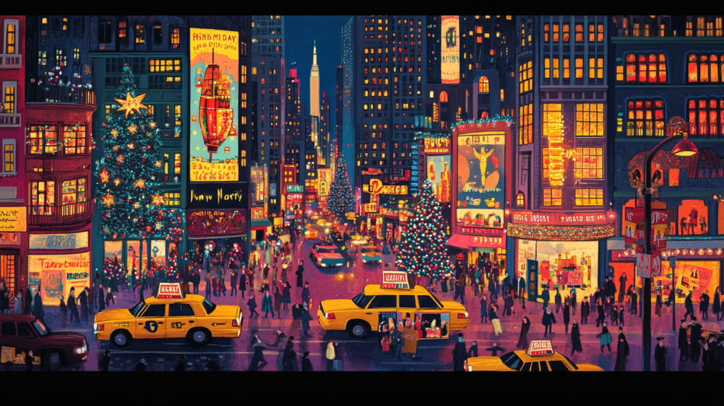 A vibrant, colorful illustration of a bustling city street at night, likely Times Square in New York City. The scene is filled with bright lights, billboards, and advertisements. Yellow taxis are prominent in the foreground, and a large Christmas tree adorned with lights and ornaments is visible. The street is crowded with people, and the buildings are illuminated with festive decorations, creating a lively and festive atmosphere.