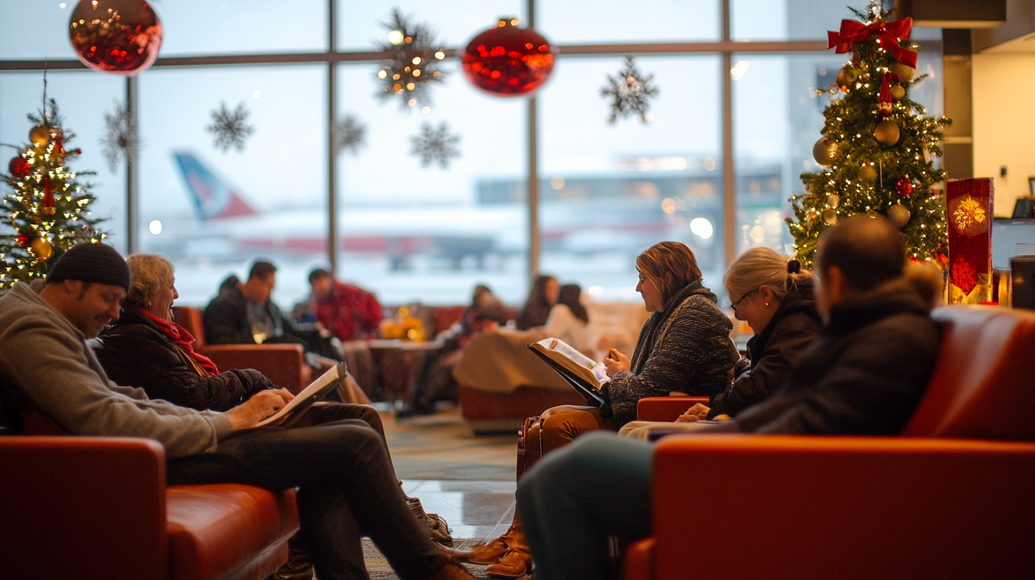 The image shows a cozy airport lounge decorated for the holidays. Several people are seated on comfortable chairs, reading or relaxing. Christmas trees adorned with lights and ornaments are visible, along with large red baubles and snowflake decorations hanging from the ceiling. Through the large windows, an airplane is visible on the tarmac outside.