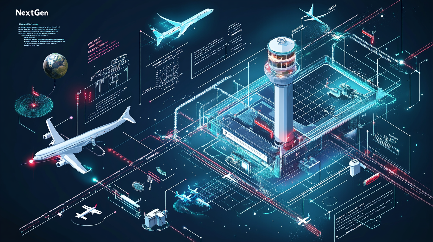The image is a futuristic digital illustration of an airport control tower surrounded by various aircraft. It features a large airplane in the foreground, with other planes in different positions around the scene. The control tower is depicted with glowing lines and digital elements, suggesting advanced technology. There are also schematic diagrams, data points, and a small globe, indicating a high-tech, interconnected aviation system. The word "NextGen" is visible in the top left corner.