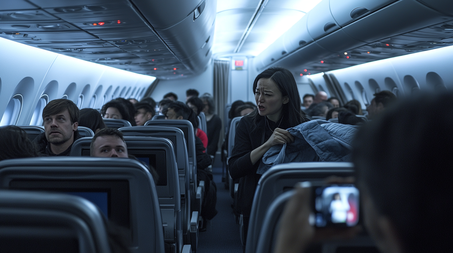 a woman standing in an airplane
