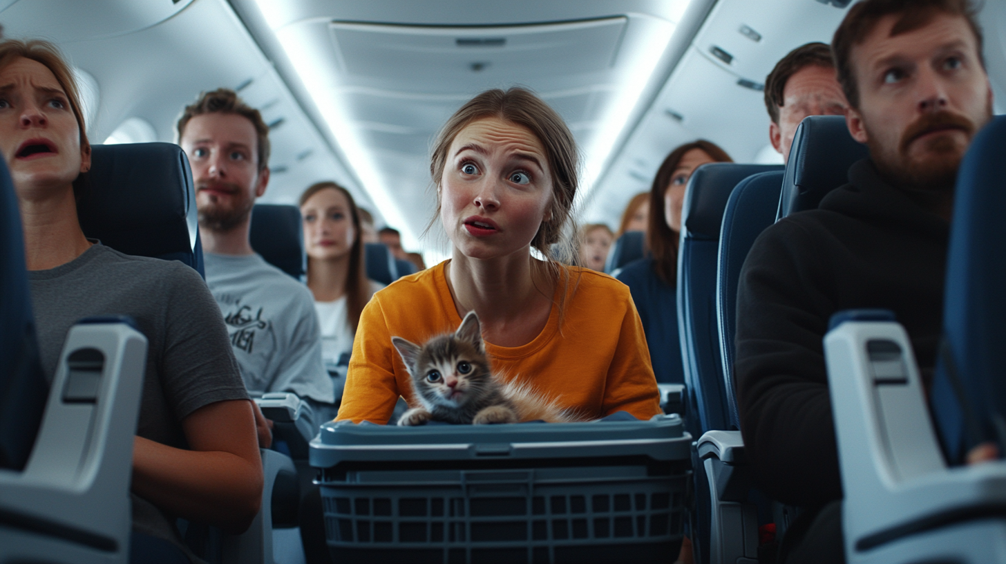 a woman sitting in a basket with a cat in her lap