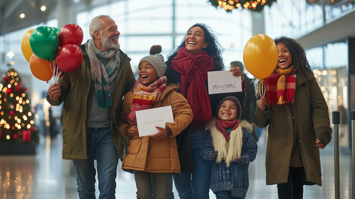 A joyful group of five people, including an older man and four children, are standing in an indoor setting decorated for the holidays. The man is holding colorful balloons, and the children are wearing winter clothing with scarves and hats. Two of the children are holding signs with writing on them. In the background, there is a decorated Christmas tree with lights. The group is smiling and appears to be celebrating.