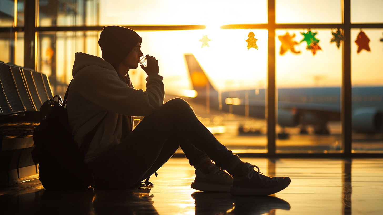 A person is sitting on the floor in an airport terminal, silhouetted against a bright sunset. They are wearing a hoodie and beanie, with a backpack beside them, and are drinking from a cup. Airplanes are visible through the large windows, and holiday decorations hang above.