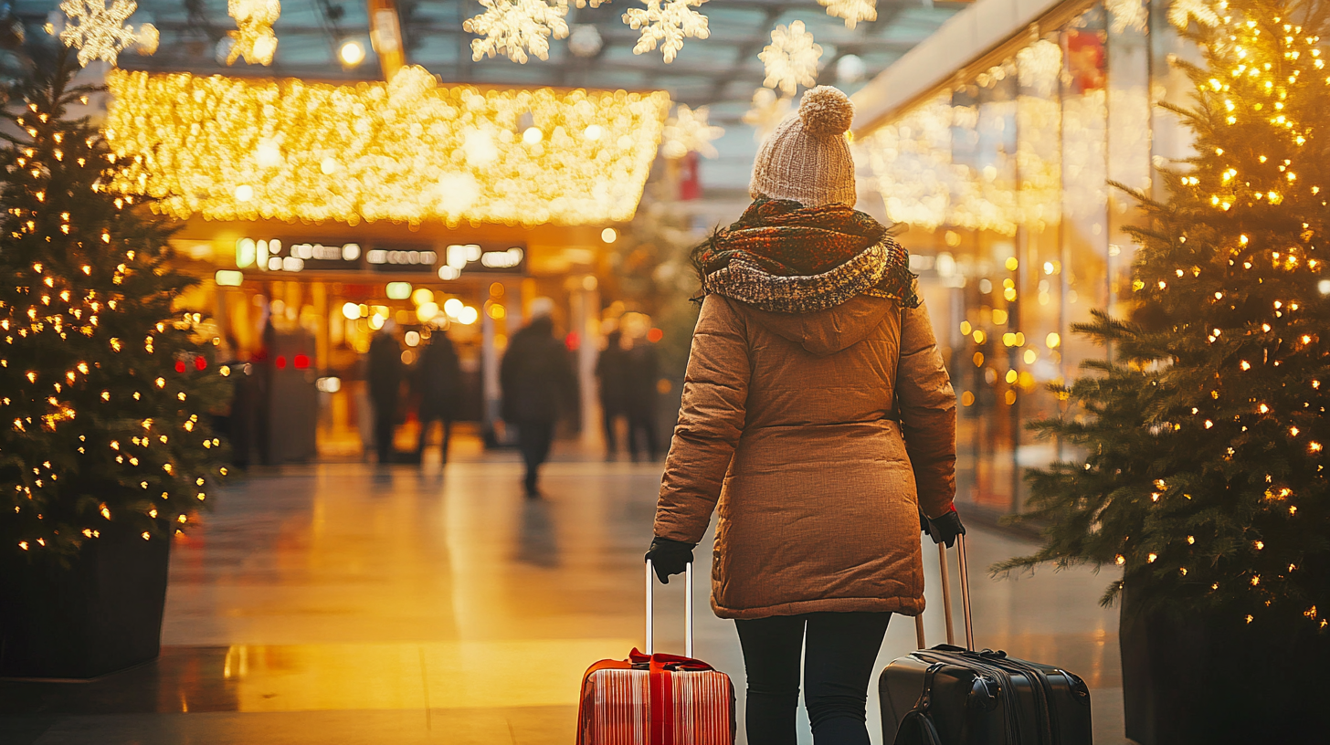 A person wearing a winter coat and hat is walking through a festively decorated area with two suitcases. The scene is illuminated with warm, glowing lights, and there are Christmas trees adorned with lights on either side. Snowflake decorations hang from above, creating a holiday atmosphere.