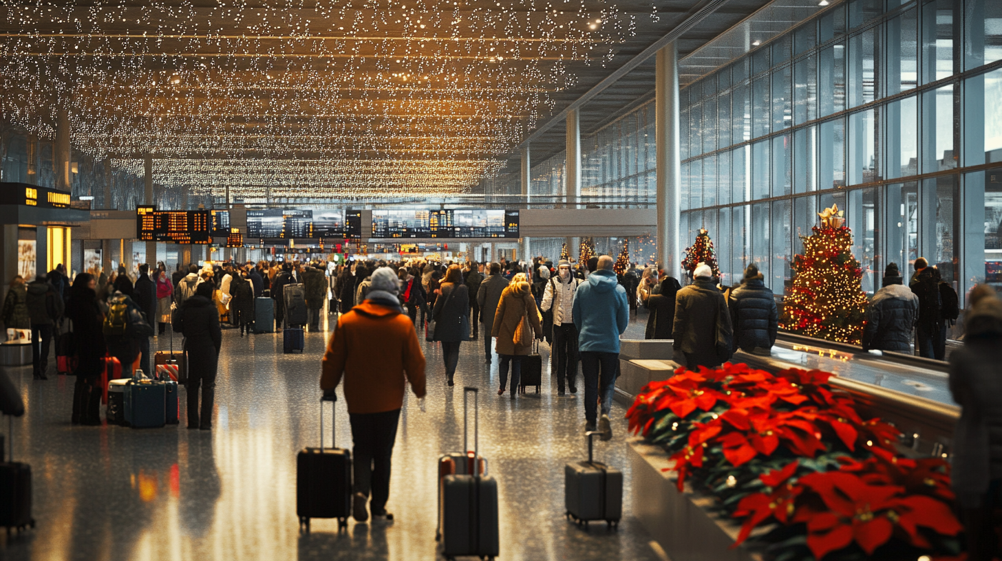 The image shows a busy airport terminal during the holiday season. People are walking with luggage, and the ceiling is decorated with string lights. There are Christmas trees adorned with lights and ornaments, and poinsettia plants are visible in the foreground. Information boards are hanging from the ceiling, displaying flight details.
