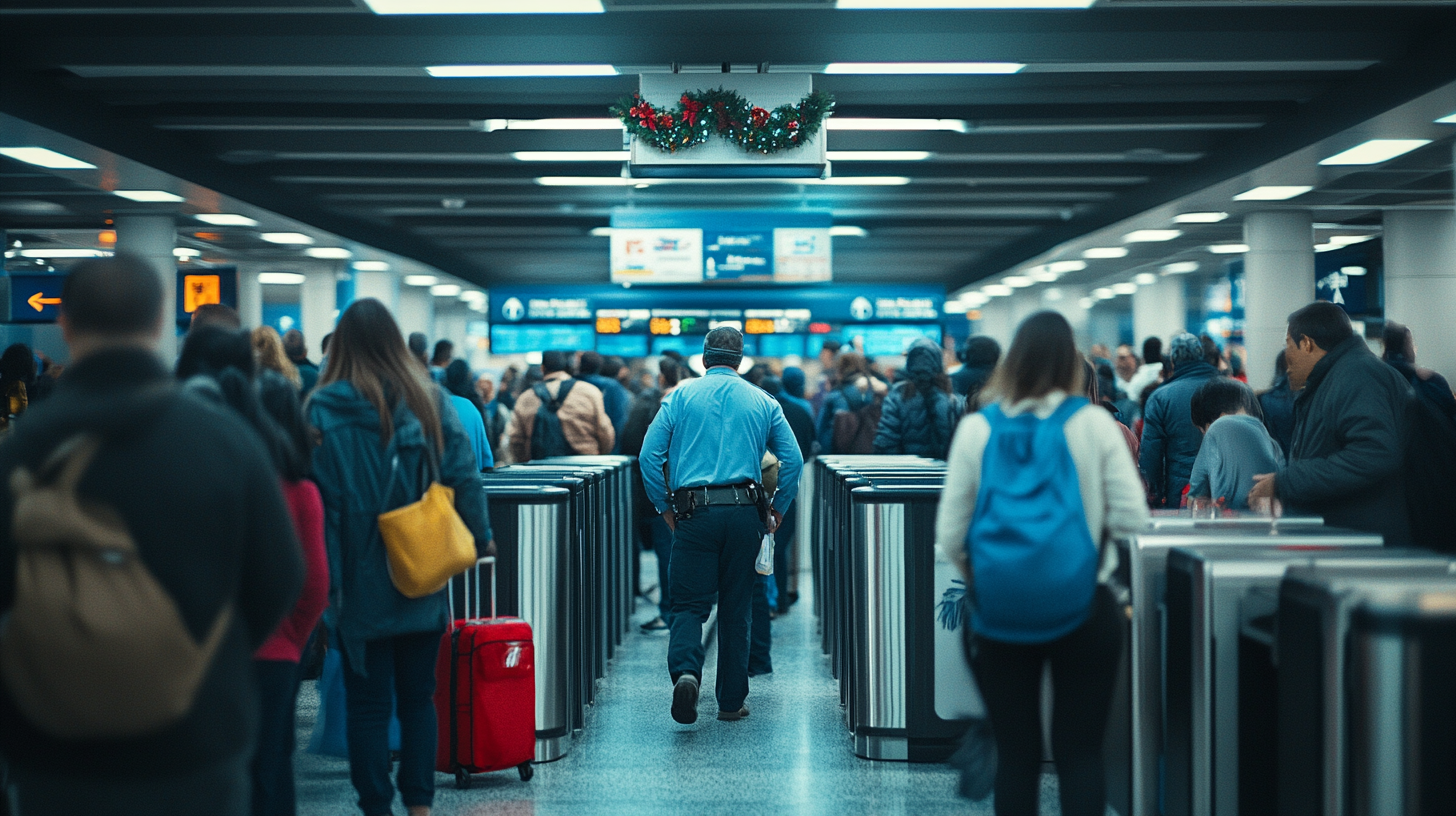 The image shows a busy airport terminal with many people walking through a security checkpoint. A security officer is visible in the center, facing away from the camera. Overhead, there is a holiday wreath decoration. The terminal is crowded, with people carrying luggage and wearing winter clothing.
