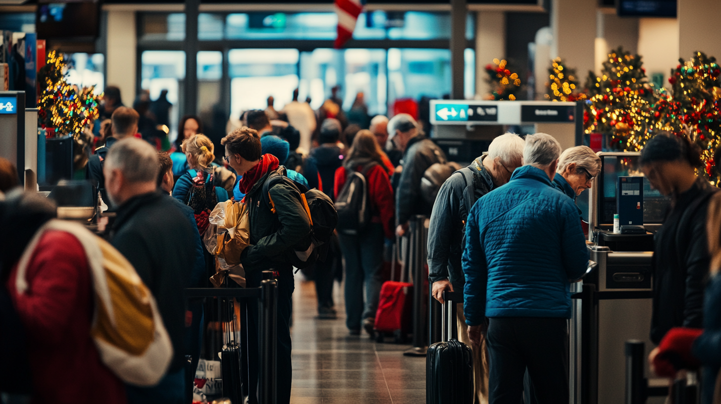The image shows a busy airport terminal with a crowd of people standing in line at a security checkpoint. Many individuals are wearing winter clothing, and some are carrying luggage. The area is decorated with Christmas lights and ornaments, suggesting a holiday season setting.