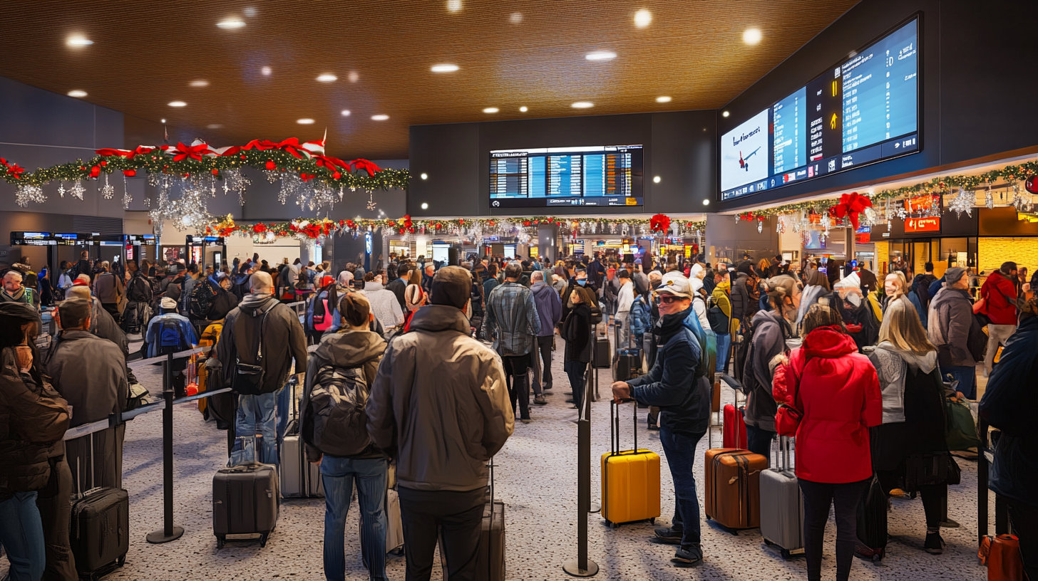 The image shows a busy airport terminal filled with travelers. People are standing in lines with their luggage, and the area is decorated with festive holiday garlands, red bows, and lights. Overhead, there are large digital screens displaying flight information. The atmosphere is bustling and lively, typical of a holiday travel season.