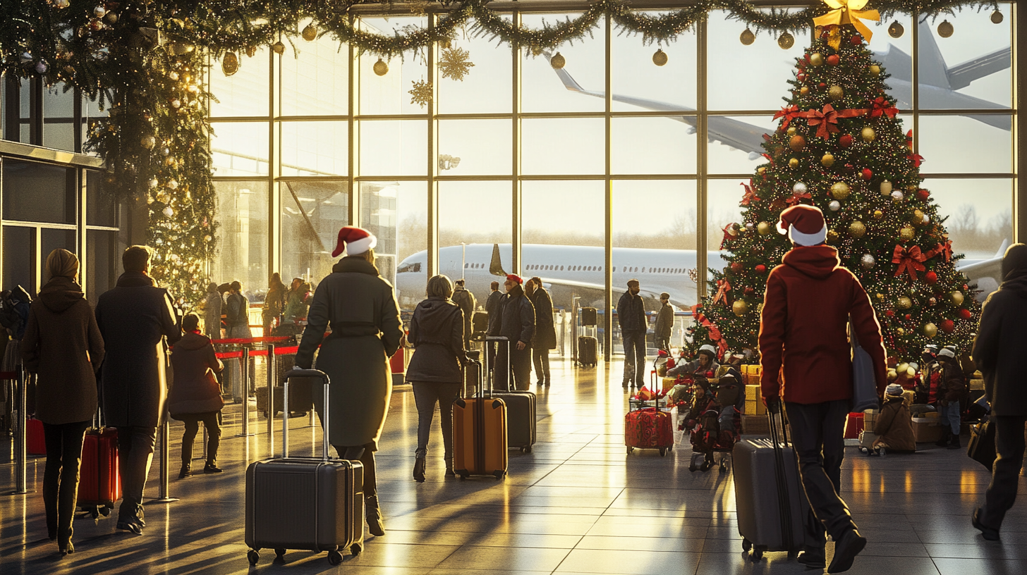 The image shows a busy airport terminal decorated for the holiday season. There is a large Christmas tree adorned with ornaments and bows, surrounded by wrapped gifts. People are walking with luggage, some wearing Santa hats. In the background, a large airplane is visible through the terminal's glass windows, and festive garlands hang from the ceiling. The scene is illuminated by warm, natural light.