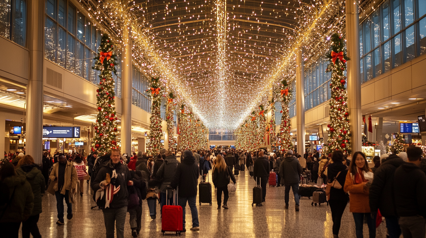 A busy airport terminal decorated for the holiday season. The ceiling is adorned with numerous twinkling lights, and large Christmas trees with red bows and ornaments line the walkway. Many people are walking through the terminal, some with luggage, creating a festive and bustling atmosphere.