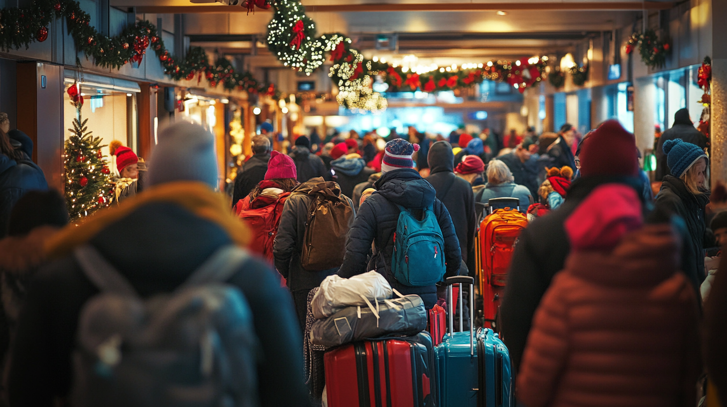 A crowded airport terminal during the holiday season, with people wearing winter clothing and carrying luggage. The area is decorated with Christmas garlands, lights, and a small Christmas tree, creating a festive atmosphere.