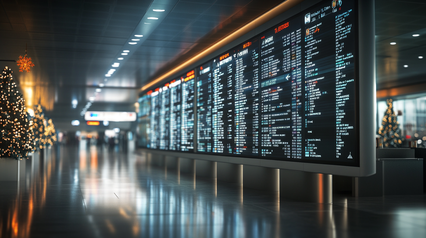 The image shows an airport terminal with a large digital flight information board displaying various flight details. The terminal is decorated with Christmas trees adorned with lights, creating a festive atmosphere. The floor is shiny, reflecting the lights and decorations. The overall setting is modern and spacious.