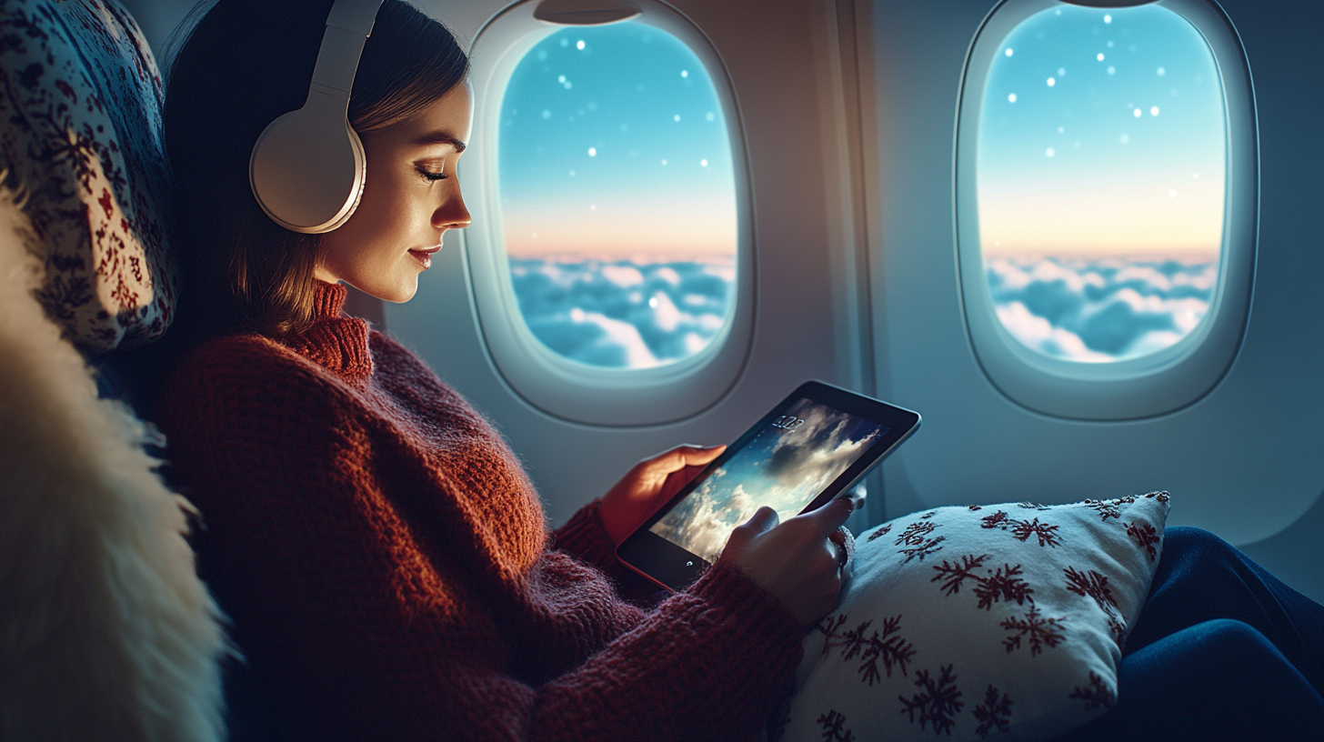 A woman is sitting in an airplane seat, wearing headphones and holding a tablet. She is looking at the screen, and there is a pillow with a snowflake pattern on her lap. The airplane window shows a view of clouds and a colorful sky, suggesting it is either sunrise or sunset.