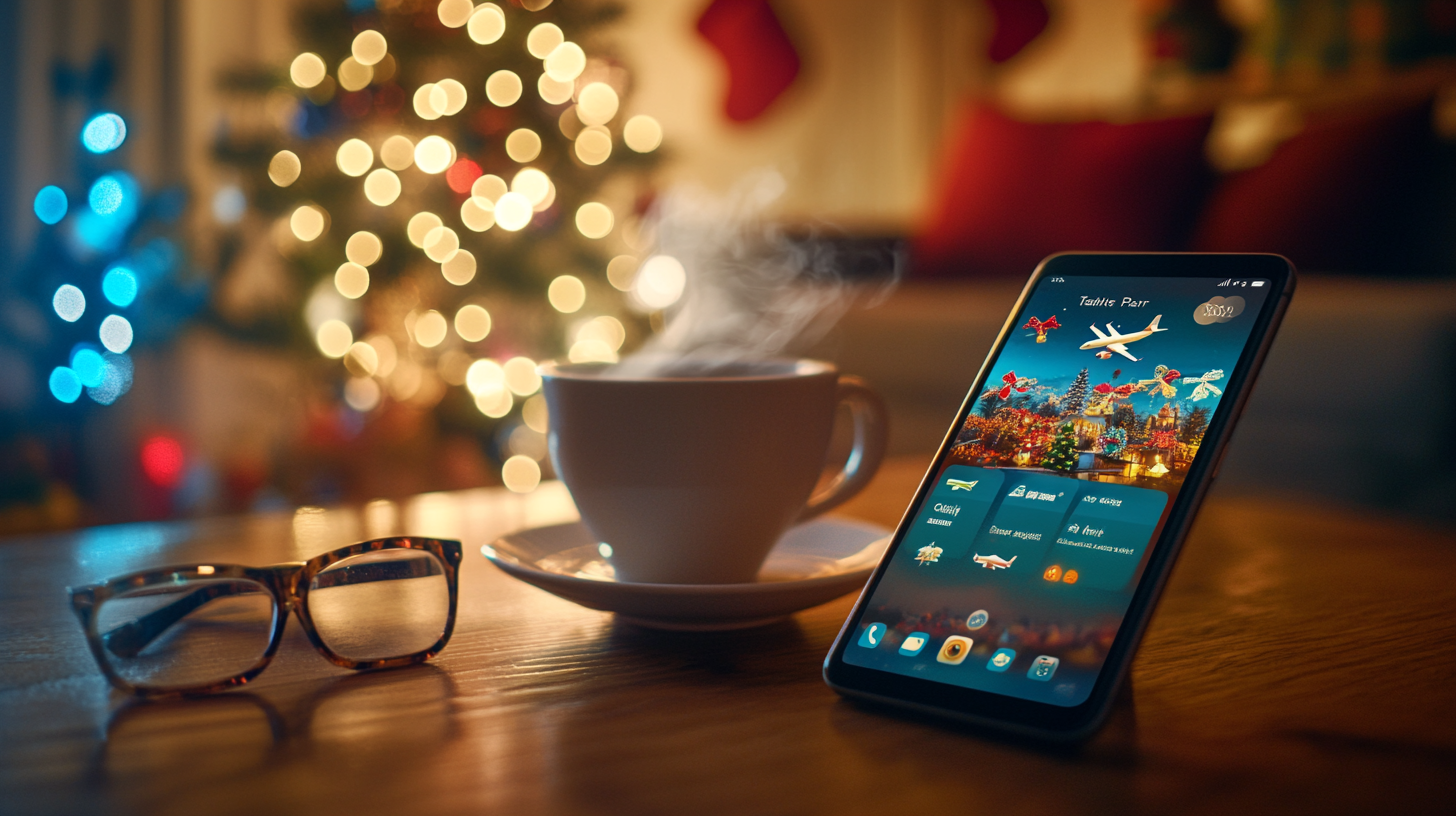 A cozy scene featuring a steaming cup of coffee on a wooden table, next to a pair of eyeglasses. A smartphone is propped up, displaying a festive holiday-themed screen with images of a plane, Christmas decorations, and a cityscape. In the background, a Christmas tree is adorned with colorful lights, creating a warm and inviting atmosphere.