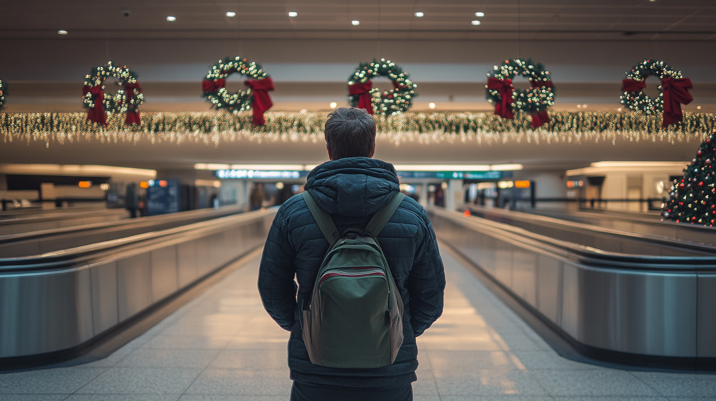 A person wearing a dark jacket and a backpack is standing in an airport terminal. The terminal is decorated with large holiday wreaths adorned with lights and red bows. There are also strings of lights hanging above, creating a festive atmosphere. The person is facing away, looking towards the moving walkways and the decorated area.