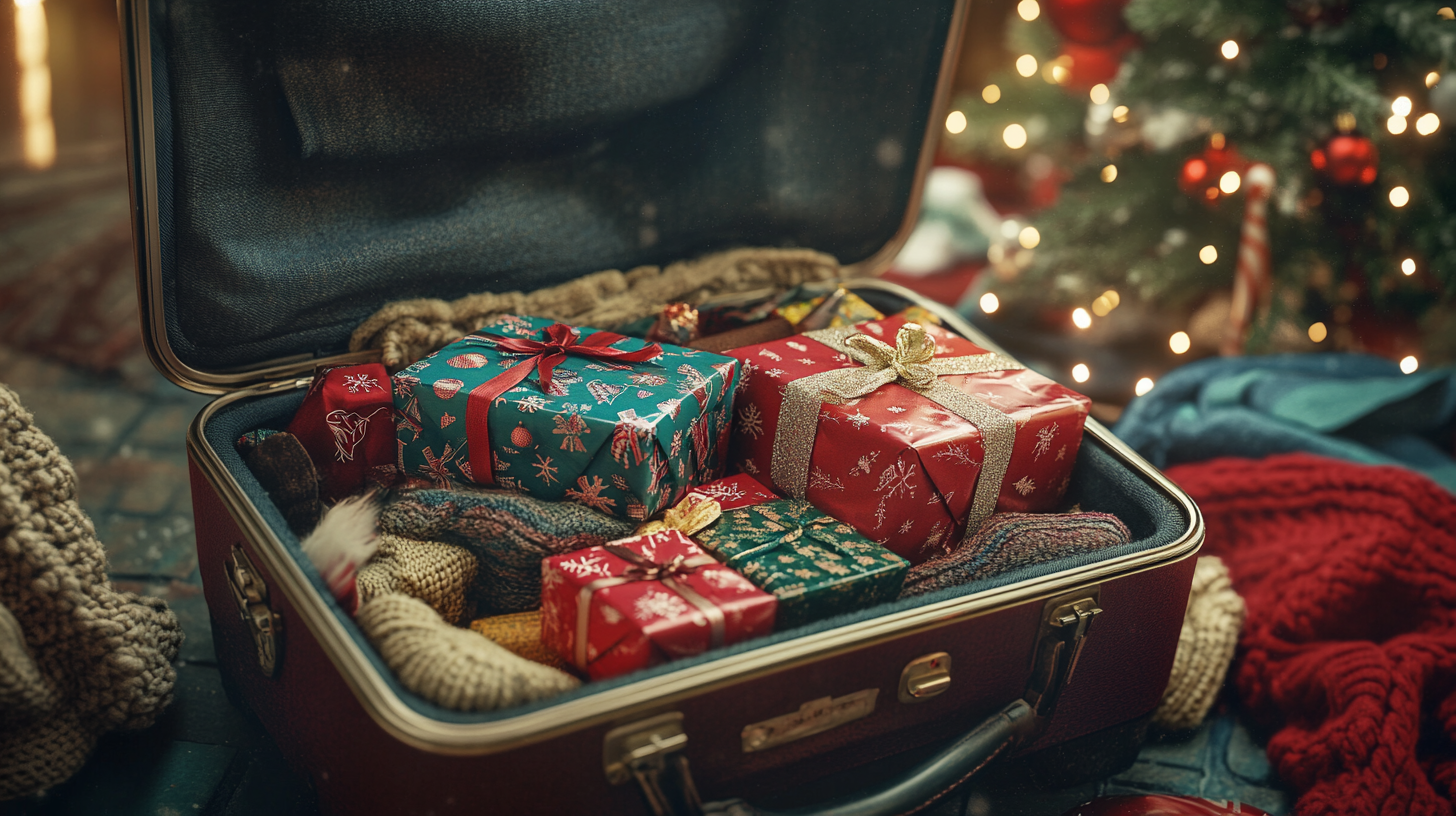 An open suitcase filled with wrapped Christmas gifts, featuring red and green wrapping paper with festive designs. The suitcase is surrounded by cozy knitted blankets, and a decorated Christmas tree with lights and ornaments is visible in the background.