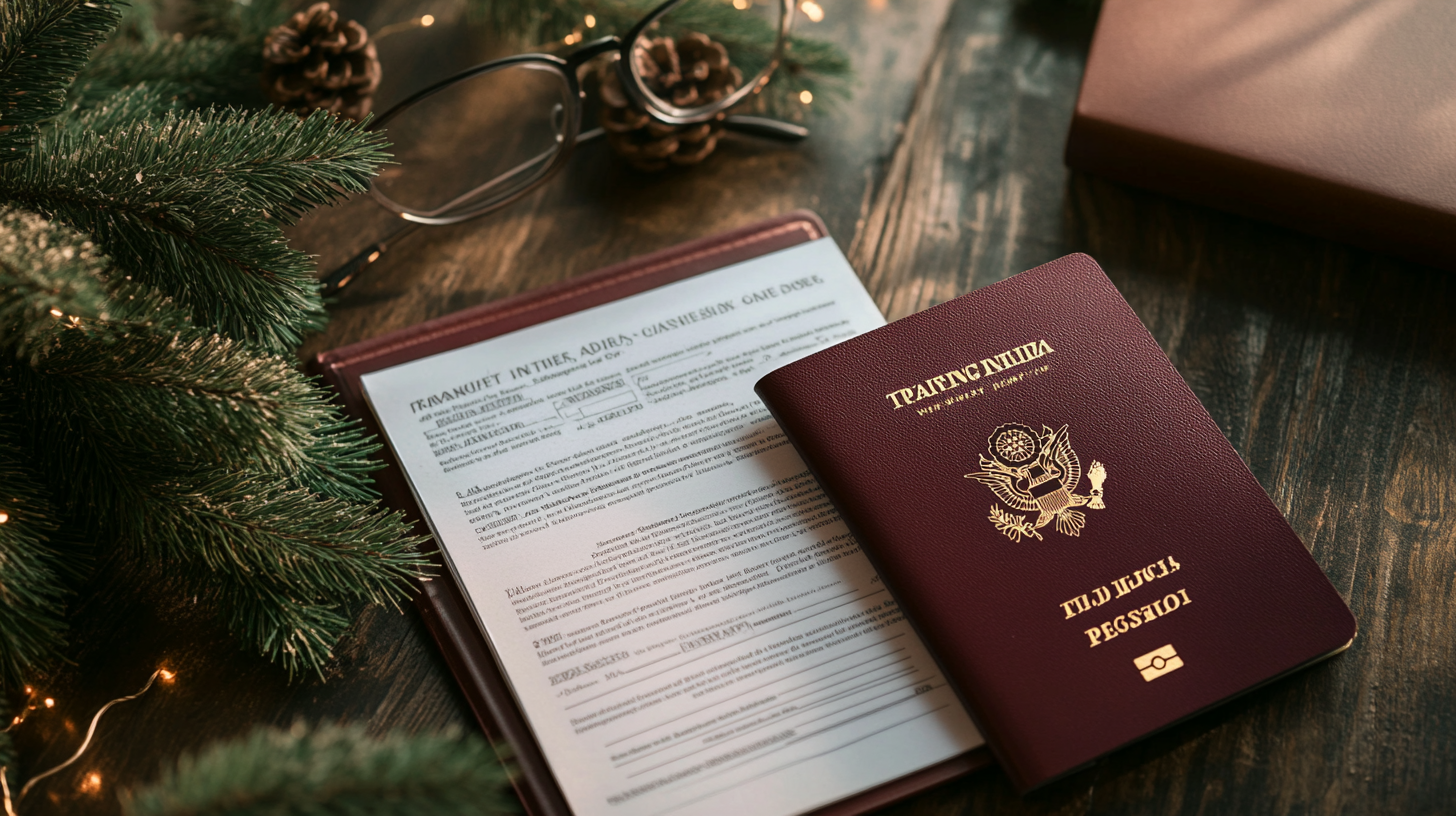 The image shows a maroon passport with a gold emblem and text, placed on a wooden surface. Next to it is a document with text, partially visible, and a pair of eyeglasses. Pine branches and a pine cone are in the background, along with small decorative lights, suggesting a festive or holiday theme.