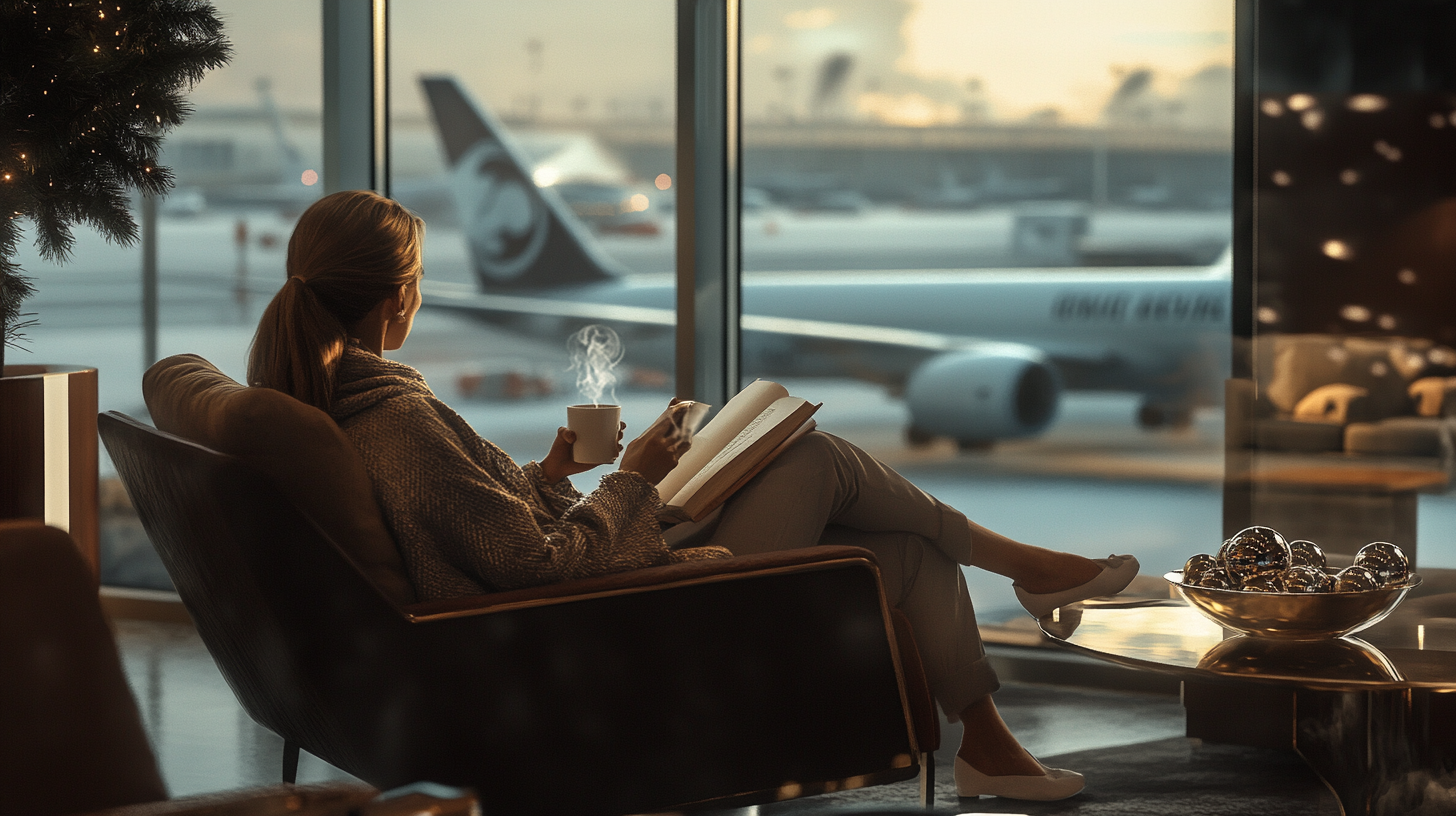 A person is sitting in an airport lounge, holding a steaming cup and reading a book. They are looking out the window at an airplane on the tarmac. The setting is cozy, with a Christmas tree nearby and a bowl of decorative ornaments on a table. The scene is warmly lit, suggesting a calm and relaxed atmosphere.