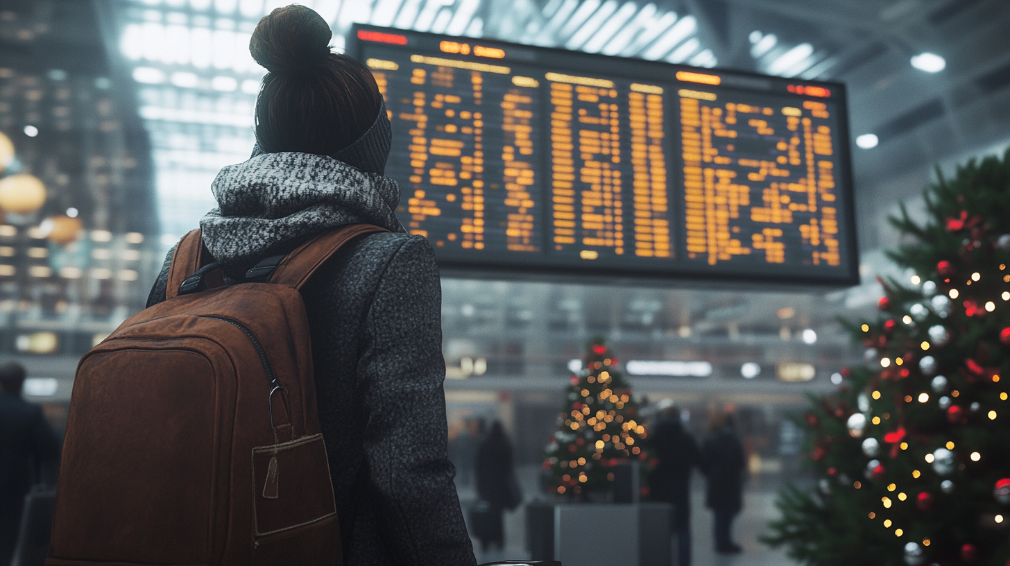 A person with a brown backpack is standing in an airport terminal, looking at a large digital departure board displaying flight information. The person is wearing a gray coat and a knitted hat. In the background, there are Christmas trees decorated with lights and ornaments, creating a festive atmosphere. The terminal is busy with other travelers.