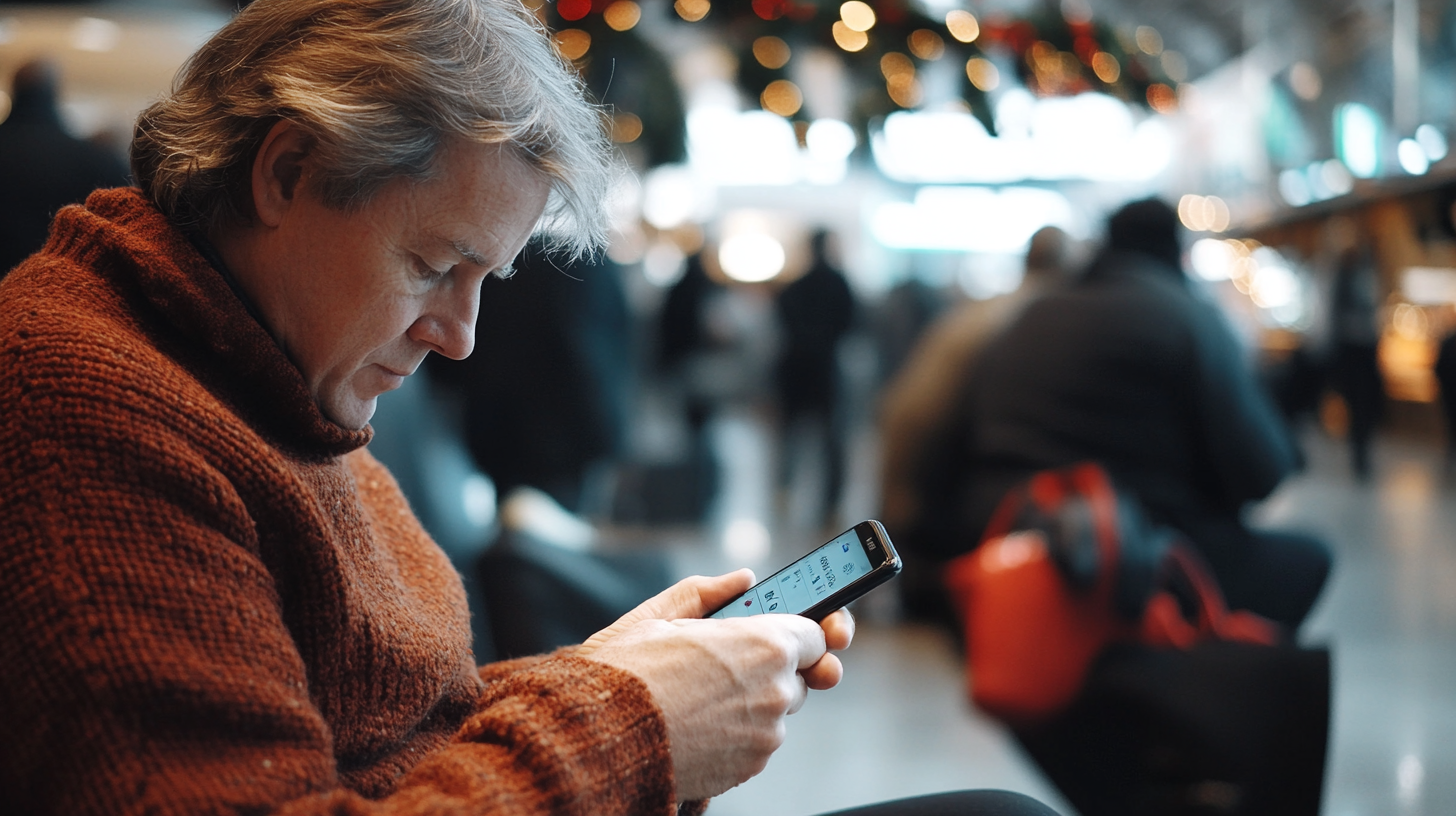 A person wearing a brown sweater is sitting and looking at a smartphone. The background is blurred, showing people and festive decorations with lights, suggesting a busy indoor setting, possibly an airport or a train station.